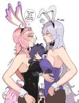  3girls ? ?? absurdres acheron_(honkai:_star_rail) acheron_(izumo)_(honkai:_star_rail) animal_ears armpits arms_at_sides bare_arms bare_shoulders between_breasts black_hair black_swan_(honkai:_star_rail) blush bow bowtie braid breast_press breasts character_doll chibi closed_eyes closed_mouth commentary cosplay cyrene_(honkai:_star_rail) cyrene_(philia093)_(honkai:_star_rail) detached_collar doll english_commentary english_text eyewear_on_head face-to-face fake_animal_ears fake_tail fingernails food_in_mouth grey_hair hair_over_one_eye hairband half-closed_eye hand_on_own_hip heart highres honkai:_star_rail honkai_(series) horns implied_yuri large_breasts leotard long_hair looking_at_viewer mem_(honkai:_star_rail) mem_(honkai:_star_rail)_(cosplay) multiple_girls nail_polish pantyhose pink_background pink_hair playboy_bunny rabbit_ears rabbit_tail red_horns sideboob simple_background smile strapless strapless_leotard sweat symmetrical_docking tail twitter_username very_long_hair wrist_cuffs zanqi 