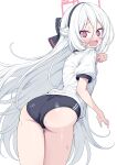  1girl @_@ ass ass_focus black_bow black_buruma black_hairband blue_archive blush bow buruma commentary embarrassed from_side gym_shirt gym_uniform hair_between_eyes hair_bow hairband halo highres kei_(blue_archive) leaning_forward long_hair looking_at_viewer looking_back metaljelly open_mouth red_eyes shirt short_sleeves simple_background solo thigh_gap very_long_hair white_background white_hair white_shirt 