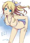  2015 :d alpha_(yukai_na_nakamatachi) ayase_eli bikini bikini_pull blonde_hair blue_eyes blush breasts character_name commentary_request dated halterneck highres leaning_forward looking_at_viewer love_live! love_live!_school_idol_project medium_breasts open_mouth ponytail smile solo swimsuit 