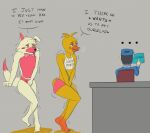 animatronic anthro avian beak bird blue_eyes bodily_fluids bottomwear canid canine chicken clothing female five_nights_at_freddy's five_nights_at_freddy's_2 fox galliform genital_fluids group machine male mammal mangle_(fnaf) michael_afton omorashi panties pee_desperation peeing phasianid pink_bottomwear pink_clothing pink_panties pink_shorts pink_underwear robot scottgames shorts thehiddengaze toy_chica_(fnaf) trio underwear urine urine_on_ground urine_on_leg urine_pool urine_stream watersports wetting wetting_bottomwear yellow_eyes