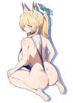  1girl absurdres ammak animal_ear_fluff animal_ears ass blonde_hair blue_archive blue_eyes blue_halo blue_slingshot_swimsuit breasts commentary dimples_of_venus dog_ears dog_girl hair_over_one_eye halo highres kanna_(blue_archive) large_breasts long_hair notched_ear seiza sharp_teeth sitting slingshot_swimsuit solo swimsuit teeth untranslatable_commentary wariza 