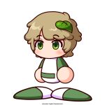  1girl artist_request baseball_uniform brown_hair commentary_request copyright_notice green_eyes green_shirt green_shoes hair_ornament jikkyou_powerful_pro_yakyuu jikkyou_powerful_pro_yakyuu_(style) leaf_hair_ornament mokoba_moko multicolored_shirt multicolored_shoes no_mouth official_art power_pro_appli rayman_limbs shirt shoes short_hair solo sportswear tachi-e two-tone_shoes white_background white_shirt white_shoes 