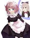  2girls absurdres aoi_tori_(purple_software) apron aqua_eyes black_dress blue_eyes blush bow bowtie braid breasts brown_hair commentary_request dress eyes_visible_through_hair feet_out_of_frame flying_sweatdrops frilled_apron frills furrowed_brow grey_hair hair_between_eyes hair_bow highres holding_own_dress juliet_sleeves large_breasts long_hair long_sleeves looking_ahead looking_at_another maid maid_apron maid_headdress mary_harker medium_hair multiple_girls neck_ribbon open_mouth puffy_sleeves purple_bow red_bow red_bowtie red_eyes red_ribbon ribbon side_braid slit_pupils smile solo_focus spoken_character standing takkyan umino_akari upper_body white_apron 