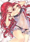  ;o bat_wings blush bow bow_panties breasts cleavage head_wings highres koakuma lingerie long_hair looking_at_viewer lying marker_(medium) medium_breasts mugicha_(mugicha0929) navel negligee on_back one_eye_closed open_mouth panties purple_panties red_eyes red_hair see-through solo stomach tears touhou traditional_media underwear underwear_only wings yawning 