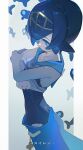  1girl 2ho absurdres blue_eyes blue_hair blue_one-piece_swimsuit blue_pants blue_sailor_collar breasts bright_pupils clothes_lift collarbone commentary from_side hairband highres lana_(pokemon) looking_at_viewer multiple_others one-piece_swimsuit pants pokemon pokemon_(creature) pokemon_sun_and_moon sailor_collar shirt shirt_lift short_hair sideboob sleeveless small_breasts solo swimsuit swimsuit_under_clothes untranslatable_commentary upper_body white_pupils white_shirt wishiwashi wishiwashi_(solo) yellow_hairband 