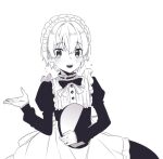  1boy apron back_bow blush bow commentary_request cr-r crossdressing crossdressing_(mtf) dress flustered flying_sweatdrops greyscale hair_between_eyes hand_up holding holding_tray juliet_sleeves long_sleeves looking_at_viewer maid maid_headdress male_focus monochrome open_mouth puffy_sleeves sidelocks simple_background solo standing teeth totsuka_saika tray upper_body yahari_ore_no_seishun_lovecome_wa_machigatteiru. 