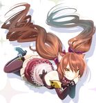  &gt;:) absurdly_long_hair animal_ear_fluff animal_ears bad_id bad_pixiv_id brown_hair cat_ears cat_tail detached_sleeves fang_out highres long_hair naomi_(sekai_no_hate_no_kissaten) neko_(naomi) original smile solo tail thighhighs v-shaped_eyebrows very_long_hair yellow_eyes 