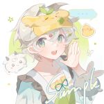  >_< 1boy :d animal blue_shirt border collarbone commission double-parted_bangs gradient_background green_background green_eyes grey_hair hair_between_eyes hand_up hat highres huolala_neiku_chaofan looking_at_viewer male_focus mihuashi_commission open_mouth original outside_border rabbit round_border sample_watermark shirt short_hair smile solo teeth upper_body upper_teeth_only vest visor_cap watermark white_border white_vest xd yellow_hat 
