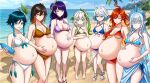  6+girls :d absurdres ahoge anastasya_feodorovna_snezhnaya aqua_eyes barefoot beach bikini blonde_hair blue_bikini blue_eyes blue_hair bottle braid braided_sidelocks breasts brown_bikini brown_hair cleavage closed_mouth colored_inner_hair commentary_request cowboy_shot crown_braid day fascinator feet_out_of_frame frilled_bikini frills frown full_body furina_(genshin_impact) genderswap genderswap_(mtf) genshin_impact green_bikini green_eyes green_hair hair_ornament hand_on_own_stomach hands_on_own_stomach highres holding holding_bottle horizon large_breasts leaf_hair_ornament lineup looking_at_viewer mavuika_(genshin_impact) medium_breasts multicolored_hair multiple_girls nahida_(genshin_impact) o-ring o-ring_bikini open_mouth orange_eyes orange_hair outdoors outie_navel palm_tree pointy_ears pregnant purple_bikini purple_eyes purple_hair raiden_shogun red_bikini sandals sarong see-through_clothes see-through_sarong shu_er_shu_san_de_shao_ge side-tie_bikini_bottom sidelocks small_breasts smile swimsuit tree two-tone_hair venti_(genshin_impact) water_bottle white_bikini white_hair zhongli_(genshin_impact) 