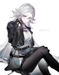  1girl absurdres adapted_costume aotsuki_eito belt black_belt black_gloves black_jacket black_pantyhose breasts chinese_commentary closed_mouth commentary_request dress eyelashes eyewear_strap feet_out_of_frame genderswap genderswap_(mtf) gloves grey_eyes grey_hair hand_on_own_leg highres jacket large_breasts light_particles long_hair long_sleeves open_clothes open_jacket pale_skin pantyhose partial_commentary simple_background sitting smile solo studded_belt studs tansuan_yun the_hundred_line_-last_defense_academy- very_long_hair white_background white_dress 