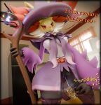3d_(artwork) absurd_res anthro areola blender_(artwork) blush bodily_fluids breasts canid canine clothed clothing delphox dialogue digital_media_(artwork) english_text female female_anthro fox generation_6_pokemon genital_fluids genitals hi_res holding_object holding_staff inside looking_at_viewer mammal medium_breasts nintendo nipples onomatopoeia partially_clothed peeing peeing_into_container peeing_into_cup pink_areola pink_nipples pokemon pokemon_(species) potatotime red_eyes solo sound_effects staff standing steam talking_to_viewer text urine urine_stream vulva watermark watersports