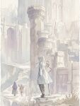  black_pants black_shoes fern fern_(sousou_no_frieren) frieren highres holding holding_staff jacket kazanji_arina painting_(medium) pants purple_hair shoes sousou_no_frieren staff stark_(sousou_no_frieren) traditional_media walking watercolor_(medium) white_hair white_jacket 
