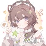  1girl black_hat blush border braid braided_hair_rings brown_hair closed_mouth commission cookie double-parted_bangs drop_shadow flower food fur-trimmed_sleeves fur_trim gradient_background grey_shirt hair_ornament hair_rings hairclip hat highres huolala_neiku_chaofan long_hair long_sleeves looking_at_viewer mihuashi_commission notice_lines original outline outside_border parallel_hairclips purple_eyes round_border sample_watermark shirt single_hair_intake smile solo spoken_food upper_body watermark white_border white_outline yellow_background yellow_flower 