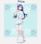  1girl alternate_costume bare_legs barefoot black_halo blue_archive blue_pajamas blush breasts cleavage collarbone commentary english_commentary eudetenis full_body halo highres long_hair looking_at_viewer mechanical_halo messy_hair navel official_alternate_costume one_eye_closed open_mouth pajamas parted_bangs purple_eyes purple_hair shirt short_sleeves shorts sleepy slippers solo standing thighs towel towel_on_head variant_set yawning yuuka_(blue_archive) yuuka_(pajamas)_(blue_archive) 
