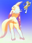 absurd_res anthro bandai_namco black_sclera bodily_fluids canid canine digimon digimon_(species) digital_media_(artwork) female fox fur hi_res kranson mammal nude renamon simple_background solo tail white_body white_fur yellow_body yellow_fur