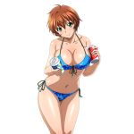  1girl bikini blue_bikini blush breasts brown_hair can chinkyuu_koudai cleavage closed_mouth collarbone drink_can feet_out_of_frame front-tie_bikini_top front-tie_top game_asset green_eyes head_tilt holding holding_can ikkitousen ikkitousen_extra_burst incoming_drink large_breasts looking_at_viewer navel non-web_source official_art self-datamine short_hair side-tie_bikini_bottom simple_background smile solo string_bikini swimsuit transparent_background variant_set wet 