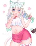  1girl absurdres ahoge animal_ears blue_eyes blue_streaks bow braid breasts camisole cat_ears cat_girl cat_tail collar densetsu.exe dolphin_shorts frilled_camisole frilled_straps frilled_thigh_strap frills gradient_hair green_hair hair_ornament highres long_hair low_twin_braids mint_fantome mint_fantome_(otaku) multicolored_hair navel pink_collar pink_shorts pink_streaks shorts small_breasts solo stomach streaked_hair tail tail_bow tail_ornament thigh_strap thighs twin_braids virtual_youtuber white_background white_hair wide_hips woudpe x_hair_ornament 