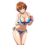  1girl bikini blue_bikini blush breasts brown_hair can chinkyuu_koudai cleavage closed_mouth collarbone drink_can embarrassed feet_out_of_frame front-tie_bikini_top front-tie_top game_asset green_eyes head_tilt holding holding_can ikkitousen ikkitousen_extra_burst incoming_drink large_breasts looking_at_viewer navel non-web_source official_art self-datamine short_hair side-tie_bikini_bottom simple_background solo string_bikini swimsuit torn_bikini torn_clothes transparent_background variant_set wet 