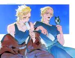  2boys amandasu aqua_hair arm_tattoo belt black_shirt black_tank_top blonde_hair coat commentary_request ear_piercing earrings eating food food_in_mouth hair_bun hair_ornament hairclip haitani_rindou handheld_electric_fan highres holding holding_food holding_popsicle jewelry korean_commentary lion_hair_ornament long_sleeves madarame_shion male_focus medium_hair melting_popsicle multicolored_hair multiple_boys off_shoulder open_mouth pants piercing popsicle print_coat purple_eyes red_pants round_eyewear shirt short_sleeves single_earring sitting streaked_hair t-shirt tank_top tattoo tokyo_revengers two-tone_hair white_belt wolf_cut 