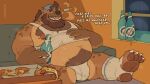 alcohol anthro artist_name backwards_hat beard beer beer_bottle belly belly_tuft beverage blue_clothing blue_hat blue_headwear body_hair bottle box brown_body brown_fur bulge burp_cloud burping chest_tuft claws clothing container detailed_bulge dialogue ear_piercing empty_bottle facial_hair food footwear fur furniture gnoll hair hand_on_shirt happy_trail hat head_tuft headgear headwear hi_res holding_beer_bottle hyena inside khangakhai looking_at_viewer male mammal multicolored_body multicolored_fur navel nipples on_sofa open_mouth overweight overweight_anthro overweight_male piercing pizza pizza_box pupils sharp_teeth shirt sitting sitting_on_sofa slob socks sofa solo stained_shirt stained_underwear talking_to_viewer tank_top teeth text topwear torn_clothing torn_footwear torn_socks tuft underwear white_sclera window