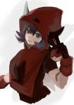  1girl black_hair capelet commentary_request courtney_(pokemon) cropped_torso fake_horns gloves grey_eyes hair_between_eyes hand_up highres holding holding_poke_ball hood hood_up hooded_capelet horns kmusy_mp4 poke_ball poke_ball_(basic) pokemon pokemon_ruby/sapphire/emerald shirt short_hair short_sleeves smile team_magma team_magma_uniform upper_body 