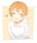 :d adjusting_hair bad_id bad_twitter_id blush collared_shirt flower green_eyes hair_ornament hairclip hairpin heart hoshizora_rin long_sleeves looking_at_viewer love_live! love_live!_school_idol_project marin_(myuy_3) open_mouth orange_hair polka_dot polka_dot_background shirt short_hair simple_background smile solo upper_body white_shirt yellow_background 