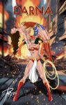  2girls abs after_battle arm_at_side arm_up armor battle_damage beaten bikini bikini_armor black_hair blood blood_from_mouth blood_on_face blue_overskirt blurry blurry_background boots bracer breasts brown_hair bruise bruise_on_arm bruise_on_face bruise_on_leg bruise_on_shoulder bruise_on_stomach closed_eyes commentary darna darna_(series) dc_comics defeat destruction english_commentary english_text fire from_side full_body helmet highres holding holding_lasso injury knee_boots knee_pads lasso lasso_of_truth legs_apart leotard lifting_person loincloth long_hair medium_breasts multiple_girls profile red_bikini red_boots red_helmet red_leotard ryona standing straight-on strapless strapless_leotard swimsuit toned toned_female unconscious wonder_woman 