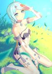  1girl absurdres ahoge bare_shoulders barefoot blue_eyes blue_hair braid breasts closed_mouth clothing_cutout commentary day elbow_gloves feet flower_hairpin gloves grass hair_ornament hairclip hand_on_own_forehead hand_up highres long_hair looking_at_viewer mira_whale mole mole_on_shoulder outdoors see-through_clothes seed_(zenless_zone_zero) side_cutout sitting smile solo suit thigh_cutout toeless_legwear toenails toes white_gloves white_suit zenless_zone_zero 