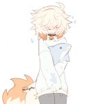anthro bell bell_collar blahaj bodily_fluids canid canine canis clothing collar dipstick_tail domestic_dog fur hair hi_res hoodie ikea male mammal markings orange_tail orange_tail_tip shark_plushie solo sweat tail tail_markings topwear white_body white_clothing white_fur white_hair white_hoodie white_topwear wypher wypher_(koiwypher)