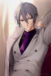  1boy buttons closed_mouth collared_shirt commentary double-breasted double-parted_bangs facing_viewer grey_hair hair_between_eyes hand_up highres lapels layered_clothes long_sleeves mahoutsukai_no_yakusoku male_focus necktie notched_lapels owen_(mahoutsukai_no_yakusoku) pipin_(manmarusinden) purple_necktie red_eyes shirt short_hair solo upper_body wing_collar yellow_eyes 