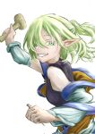  1girl arm_warmers black_shirt blonde_hair breasts brown_shirt commentary_request corrupted_twitter_file green_eyes grin hair_between_eyes half_updo highres holding holding_mallet holding_nail looking_at_viewer mallet medium_breasts mizuhashi_parsee nail_(hardware) nanahosi73 parsee_day pointy_ears shirt short_hair simple_background sleeveless sleeveless_shirt smile solo touhou upper_body white_background 