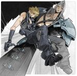  2boys armor black_coat black_gloves black_shoes black_wings blonde_hair blue_eyes blue_pants broad_shoulders carrying carrying_person chest_strap cloud coat commentary elbow_gloves english_commentary feathered_wings final_fantasy final_fantasy_vii full_body gloves grey_hair highres long_hair male_focus medium_hair multiple_boys nose open_clothes open_coat pants parted_bangs pauldrons princess_carry sephiroth shoes shoulder_armor single_wing size_difference sleeveless sleeveless_jacket spiked_hair very_long_hair wings yaoi yatgam 