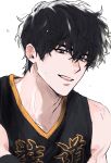  basketball_jersey basketball_uniform black_hair black_tank_top blue_eyes choi_jongsu garbage_time looking_at_viewer lower_eyelashes_only male_focus messy_hair muscular muscular_male open_mouth orange_trim portrait short_hair simple_background solo sportswear sweat tank_top teeth ununtied upper_body white_background 