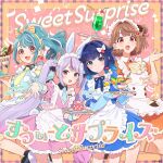  4girls absurdres album_cover animal_ear_hairband animal_ears apron ascot blonde_streaks blue_dress blue_eyes blue_gloves blue_hair blue_nails blue_necktie blue_ribbon blue_wrist_cuffs border bow brown_hair cake character_name closed_mouth clothing_cutout collared_dress commentary_request contrast_collar copyright_name copyright_notice cover cup dress earrings elbow_gloves fake_animal_ears fang fingerless_gloves food gem gloves gradient_hair hair_bow hair_intakes hair_ornament hairband hairclip heart heart_earrings high_ponytail highres holding holding_tray jewelry long_hair looking_at_viewer maid_apron maid_headdress melon_soda multicolored_hair multiple_girls nail_polish neck_ribbon necktie official_alternate_costume official_art open_mouth parfait pink_background pink_dress ponytail purple_hair purple_streaks rabbit_ear_hairband rabbit_ears reaching reaching_towards_viewer red_eyes red_gem ribbon second-party_source sendo_yuuhi shiranami_ramune short_hair short_sleeves shoulder_cutout smile song_name streaked_hair tokira_nozumi tosaki_mimi tray tsumugi_kokage twintails very_long_hair virtual_youtuber vspo! white_bow white_streaks wrist_cuffs yellow_hairband yellow_necktie 