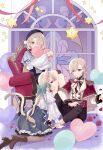  1girl 2boys animal_ears aqua_bow balloon black_hat black_shorts black_skirt blonde_hair bow brown_pantyhose brown_shoes capelet cat_ears cat_girl cat_tail commentary_request couch earrings facial_mark freminet_(genshin_impact) genshin_impact grey_eyes hair_ornament hat heart heart-shaped_pillow heart_balloon high_heels highres jewelry long_sleeves lynette_(genshin_impact) lyney_(genshin_impact) multiple_boys on_couch pantyhose pillow purple_eyes red_capelet shirase_(shirose) shirt shoes short_hair shorts skirt tail teardrop_facial_mark white_shirt x_hair_ornament 