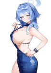  1girl absurdres ako_(blue_archive) ako_(dress)_(blue_archive) backless_dress backless_outfit bare_shoulders blue_archive blue_dress blue_eyes blue_hair blue_halo breasts cleavage clothes_tug commentary dress earrings hair_between_eyes halo hand_on_own_hip highres jewelry large_breasts long_hair looking_at_viewer official_alternate_costume shiromigi sideboob sideless_dress simple_background single_handcuff sleeveless sleeveless_dress smile solo teeth untranslatable_commentary white_background 
