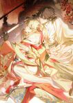  2boys animal_print banba_zenji bird_print blonde_hair blue_eyes blush brown_hair chinese_commentary closed_mouth commentary_request crane_print crossdressing crossdressing_(mtf) eyeliner falling_petals feet_out_of_frame floral_print floral_print_kimono flower full_body furisode hair_between_eyes hair_bun hair_flower hair_ornament hakama hakata_tonkotsu_ramens hand_on_blade hands_up haori haori_himo highres holding holding_sword holding_weapon japanese_clothes katana kimono long_hair long_sleeves looking_at_another looking_at_viewer looking_back makeup male_focus multicolored_kimono multiple_boys obi off_shoulder parted_lips petals pink_petals print_kimono red_eyeliner red_flower red_kimono reflective_weapon sash seiza shadow shawl short_hair sidelocks single_hair_bun sitting smile sword trap watermark weapon weibo_watermark white_hakama white_haori white_kimono wide_sleeves xianming_lin yaoi yellow_eyes yellow_kimono yellow_shawl yinzinmiemie 