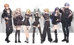  3boys 4girls animal_ear_hairband animal_ears aoyagi_touya azusawa_kohane belt belt_buckle belt_collar black_belt black_boots black_cape black_gloves black_hair black_jacket black_nails black_necktie black_pants black_thighhighs blonde_hair boots brown_eyes brown_hair buckle cape claw_pose closed_mouth collar commentary_request fake_animal_ears fingerless_gloves fingernails full_body fur_trim gloves gradient_hair green_eyes green_hair grin hair_between_eyes hairband hand_on_own_hip hand_up harness hatsune_miku highres holding holding_leash jacket jacket_partially_removed jewelry kagamine_len kagamine_rin layered_clothes leash long_hair long_sleeves looking_at_viewer midriff multicolored_hair multiple_boys multiple_girls multiple_rings nail_polish necktie open_clothes open_jacket orange_hair pants partially_fingerless_gloves ponytail project_sekai ring shinonome_akito shiraishi_an short_hair short_sleeves short_twintails signature smile snap-fit_buckle standing star_(symbol) streaked_hair suzunosuke_(sagula) teeth thigh_strap thighhighs twintails two-tone_hair vivid_bad_squad_(project_sekai) vivid_bad_squad_len vivid_bad_squad_miku vivid_bad_squad_rin vocaloid yellow_nails 