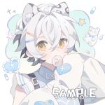  1girl animal_ear_fluff animal_ears blue_background border closed_mouth commission crossed_bangs double-parted_bangs food food_in_mouth hair_between_eyes hair_intakes hair_ornament hairclip hands_up heart highres huolala_neiku_chaofan long_sleeves looking_at_viewer mihuashi_commission mouth_hold original outside_border pillow sample_watermark shirt short_hair sleeves_past_fingers sleeves_past_wrists snow_leopard_ears snow_leopard_girl solo star_(symbol) steamed_bun upper_body watermark white_border white_hair white_shirt yellow_eyes 
