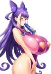  1girl alternate_breast_size_(larger) alternate_costume blush breasts clothing_cutout commentary cowboy_shot curled_ends dildo fate/grand_order fate_(series) female_masturbation from_side gigantic_breasts hair_horns heart_cutout highres holding holding_sex_toy long_hair masturbation murasaki_shikibu_(fate) nipple_cutout nipples one-piece_swimsuit pink_eyes pink_one-piece_swimsuit purple_hair reyomi_(reyomi9) sex_toy simple_background solo swimsuit white_background 