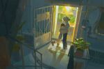  1boy 1girl blue_neckerchief child closed_eyes commentary_request condenser_unit edam1474826 grandmother_and_grandson grey_hair hair_bun highres hug industrial_pipe korean_commentary neckerchief old old_woman original plant potted_plant railing scenery shadow stairs standing 