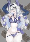  1girl absurdres angus_mang black_hairband blue_bra blue_butterfly blue_eyes blue_gloves blue_panties blush bra breasts bug butterfly card check_copyright cleavage commentary copyright_request curvy dragon_girl duel_monster english_commentary glitch_stars gloves hair_over_one_eye hairband highres horns long_hair looking_at_viewer lying medium_breasts nova_aokami on_back open_mouth panties pointy_ears purple_horns solo thighs underwear virtual_youtuber white_hair wide_hips yu-gi-oh! 