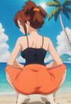  1girl ai-generated aqua_eyes beach black_tank_top blue_eyes cissy_(pokemon) folded_ponytail kneeling non-web_source pencil_skirt pokemon pokemon_(anime) shoes skirt solo tank_top updo white_shoes 