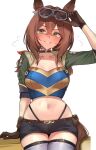  1girl adjusting_goggles agnes_flight_(racehorse) animal_ears belt black_choker black_shorts blue_shirt blush breasts brown_belt brown_gloves brown_hair choker collarbone genderswap genderswap_(mtf) gloves goggles goggles_on_head green_eyes green_jacket grey_thighhighs hair_between_eyes horse_ears horse_girl jacket medium_breasts midriff navel open_mouth original panty_straps personification rope shirt short_hair shorts smile solo strapless strapless_shirt sweat tail thighhighs umamusume xkittyzx 