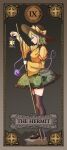  1girl black_hat bow breasts brown_shoes brown_thighhighs card_(medium) chileshi chinese_commentary closed_mouth collared_shirt commentary_request disembodied_linked_eye english_text eyeball floral_print frilled_skirt frilled_sleeves frills from_side garter_straps green_eyes green_hair green_skirt hat hat_bow heart heart_of_string highres holding holding_lantern holding_staff komeiji_koishi lantern long_sleeves medium_breasts medium_hair mixed-language_commentary print_skirt roman_numeral rose_print shirt shoes skirt solo staff tarot tarot_(medium) the_hermit_(tarot) thighhighs touhou wide_sleeves yellow_bow yellow_shirt 