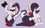 absurd_res all_fours anthro black_body black_fur black_nose breasts cane cheek_tuft clothing dupin_(pal) eyelashes facial_tuft female fur genitals hat headgear headwear hi_res jester lagomorph leporid looking_at_viewer mammal mandyfoxy markings multicolored_body multicolored_fur neck_tuft nipples pal_(species) palworld pocketpair pose rabbit red_markings short_tail smile solo tail top_hat tuft vulva white_body white_fur yellow_eyes yellow_markings