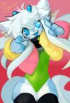2021 anthro bangs biped blue_eyes blush clothed clothing digital_media_(artwork) digital_painting_(artwork) dragon femboy fur furred_dragon furred_scalie gesture hair hand_gesture hi_res horn legwear leotard long_hair looking_at_viewer male mighty-whydah mythological_creature mythological_scalie mythology painting_(artwork) pointing pointing_at_viewer scalie simple_background smile solo tail thick_thighs thigh_highs white_body white_fur white_hair