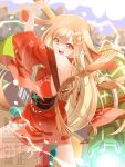  1girl animal_ears arm_up armpit_crease artist_name bare_shoulders black_sash blonde_hair blurry blurry_background breasts brown_hair cho_kaguya-hime! colored_inner_hair commentary_request crescent crescent_hair_ornament day dynamic_pose egasumi floating_hair floral_print floral_print_kimono foot_out_of_frame foot_up_heel_up glowing glowing_weapon hair_bobbles hair_ornament hammer highres holding holding_hammer ivuki japanese_clothes kaguya_(cho_kaguya-hime!) kaguya_(tsukuyomi)_(cho_kaguya-hime!) kimono long_hair looking_at_viewer lop_rabbit_ears low-tied_long_hair multicolored_hair obi obijime open_mouth orange_eyes outdoors print_kimono rabbit_ears rabbit_girl red_kimono red_shoes sash shoes short_kimono sidelocks small_breasts socks solo standing standing_on_one_leg swinging_weapon teeth twitter_username upper_teeth_only v-shaped_eyebrows very_long_hair watermark weapon white_socks 