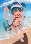  1girl absurdres arm_at_side arm_up bandaid bandaid_on_leg beach belt bikini black_belt black_survival blue_sky breasts character_charm charm_(object) chest_harness cloud commentary_request cooler day eternal_return:_black_survival full_body green_eyes green_hair hair_between_eyes harness highres hisui_(black_survival) horizon jacket jeongdang_geolae korean_commentary lens_flare light_blush long_sleeves looking_at_viewer making-of_available medium_breasts multicolored_hair ocean off_shoulder open-toe_boots open_clothes open_jacket open_mouth outdoors pink_hair puffy_long_sleeves puffy_sleeves sand shadow sharp_teeth shore single_off_shoulder skindentation sky sleeves_past_wrists smile solo standing swimsuit teeth thigh_strap toes tsubame_(black_survival) two-tone_hair two_side_up v visor_cap water whistle whistle_around_neck white_bikini white_jacket 