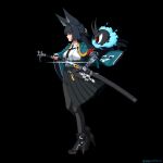  1girl animal_ear_fluff animal_ears aqua_jacket arm_out_of_sleeve black_background black_hair black_necktie black_shoes black_skirt closed_mouth commentary_request fingerless_gloves fox_ears fox_girl from_side full_body gauntlets gloves guppyinfishbowl high-waist_skirt holding holding_sword holding_weapon hoshimi_miyabi jacket katana korean_commentary long_hair necktie pixel_art red_eyes sheath shirt shoes simple_background single_fingerless_glove single_gauntlet skirt sword tailless_(zenless_zone_zero) twitter_username unsheathing weapon white_shirt zenless_zone_zero 